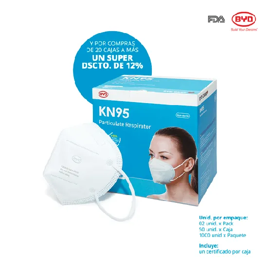 BYD RESPIRADOR INDUSTRIAL KN95 (DG3101) GB2626-2006 TELA NO TEJIDA PFE 95% (1caja=50unid)