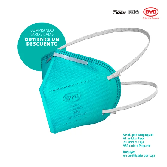 BYD RESPIRADOR QUIRURGICO N95 (DE2322) GB19083-2010 NIOSH PFE 95% (1caja=20unid)